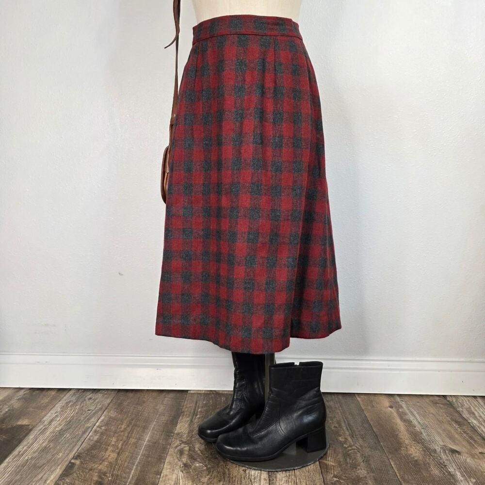 Vintage Buffalo Plaid Midi Skirt Gray Red Dark Academia Preppy Classic